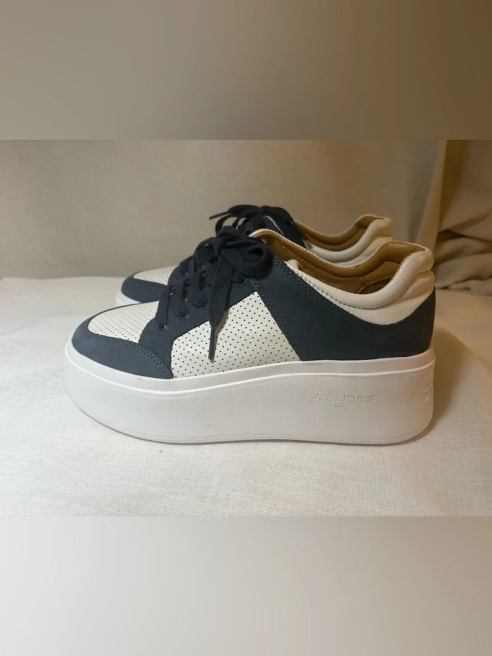 J/Slides NYC Platform Sneakers Leather Navy White Star Sole Size 8 NEW